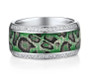 front view of cubic zirconia green and black snake print ring in rhodium over sterling silver