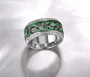 close up of cubic zirconia green and black snake print ring in rhodium over sterling silver