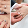 moissanite round heart side gallery ring in rhodium over sterling silver worn on a hand
