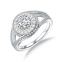 moissanite round bypass double halo ring in rhodium over sterling silver
