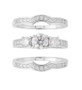 front view of womens moissanite trilogy three ring wedding set in rhodium over sterling silver