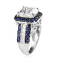 side view of asscher cut moissanite and sapphire halo ring in rhodium over sterling silver