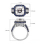 asscher cut moissanite and sapphire halo ring in rhodium over sterling silver shown for size comparison