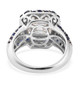 back view of asscher cut moissanite and sapphire halo ring in rhodium over sterling silver