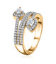 side view of pear and round moissanite bypass ring in 18k yellow gold over sterling silver
