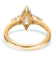 back view of marquise and pear moissanite trilogy ring in 18k yellow gold over sterling silver