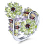 garnet and multi gemstone flower cluster bypass ring in rhodium over sterling silver