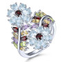 garnet and multi gemstone flower cluster bypass ring in rhodium over sterling silver