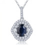 oval sapphire and white zircon double halo necklace in rhodium over sterling silver