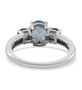 back view of blue zircon rhodolite garnet and moissanite trilogy ring in rhodium over sterling silver