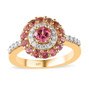round pink tourmaline and moissanite halo ring in 18k yellow gold over sterling silver