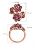 rhodolite garnet floral bypass ring in 18k rose gold over sterling silver shown for size comparison