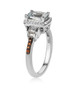 full view of aquamarine with brown and white zircon halo ring in rhodium over sterling silver