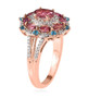 side view of pink tourmaline blue apatite and moissanite ring in 18k rose gold over sterling silver