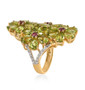 side view of peridot rhodolite garnet and zircon flower ring in 18k yellow gold over sterling silver