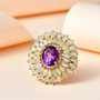 ethiopian opal amethyst and moissanite cocktail ring in 18k yellow gold over sterling silver shown in a lifestyle photo