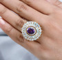 ethiopian opal amethyst and moissanite cocktail ring in 18k yellow gold over sterling silver worn on a hand