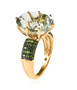 side view of prasiolite and chrome diopside ring in 18k yellow gold over sterling silver
