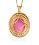 back view of pink and white topaz halo necklace in 18k yellow gold over sterling silver
