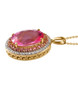 side view of pink and white topaz halo necklace in 18k yellow gold over sterling silver