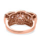 back view of pink apatite brown and white zircon trilogy halo ring in 18k rose gold over sterling silver