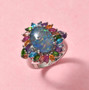 boulder opal and multi gemstone statement ring in rhodium over sterling silver shown in a lifestyle photo