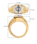 asscher cut moissanite gents ring in 18k yellow gold over sterling silver shown for size comparison