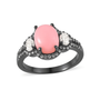 oval pink opal and moissanite ring in black rhodium over sterling silver bold contrast halo design with white moissanite side stones