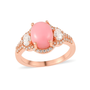oval pink opal and moissanite ring in 18k rose gold over sterling silver feminine halo style pink gemstone with white moissanite accents