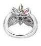 back view of multi tourmaline and white zircon flower ring in rhodium over sterling silver