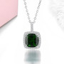 chrome diopside and white zircon cushion halo necklace in rhodium over sterling silver shown in a lifestyle photo