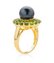 side view of tahitian cultured pearl and chrome diopside halo ring on 18k yellow gold over sterling silver