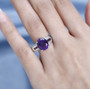 amethyst rhodolite garnet and zircon ring in rhodium over sterling silver worn on a hand