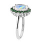 full view of rainbow moonstone and green topaz halo ring in rhodium over sterling silver
