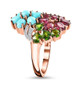 side view of multi gemstone floral cluster ring in 18k rose gold over sterling silver