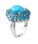 side view of arizona sleeping beauty turquoise and blue apatite halo ring in rhodium over sterling silver