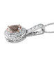 side view of morganite and moissanite halo pendant necklace in rhodium over sterling silver