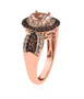 side view of morganite brown zircon and white zircon halo ring in 18k rose gold over sterling silver
