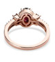 back view of garnet and moissanite ring in 18k rose gold over sterling silver