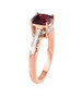 side view of rhodolite garnet and moissanite ring in 18k rose gold over sterling silver