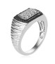 side view of white zircon and black spinel gents ring in rhodium over sterling silver