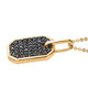 side view of black spinel dog tag pendant necklace in black rhodium and 18k yellow gold over sterling silver