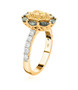 side view of yellow diamond white diamond and alexandrite halo ring in 18k yellow gold