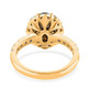 back view of yellow diamond white diamond and alexandrite halo ring in 18k yellow gold
