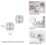 moissanite asscher cut halo stud earrings in rhodium over sterling silver shown for size comparison