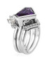side view of lab grown color change sapphire and zircon three ring set in rhodium over sterling silver