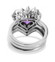 back view of lab grown color change sapphire and zircon three ring set in rhodium over sterling silver