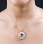 ethiopian opal amethyst and moissanite pendant necklace in 18k yellow gold over sterling silver worn around the neck
