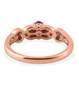 back view of rhodolite garnet and white zircon heart ring in 18k rose gold over sterling silver
