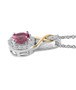 side view of pink tourmaline and zircon ring and necklace jewelry set in 18k yellow gold and rhodium over sterling silver